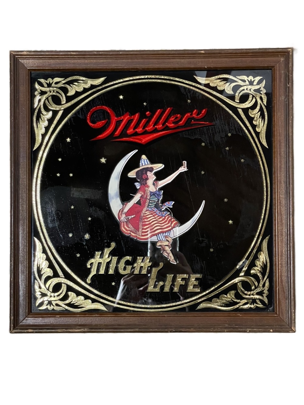 Vintage 1984 Miller High Life Mirrored Wall Sign - Gold, Red, Black (14”x14”)